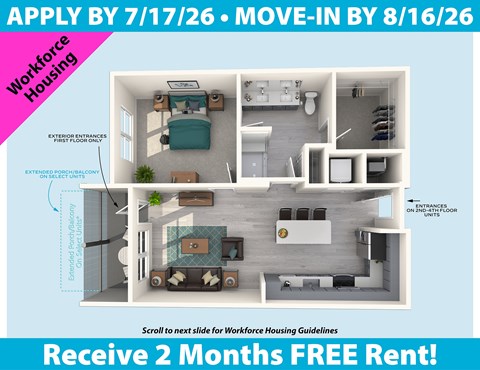 Floor plan for 1 bed, 1 bath, 749 sqft